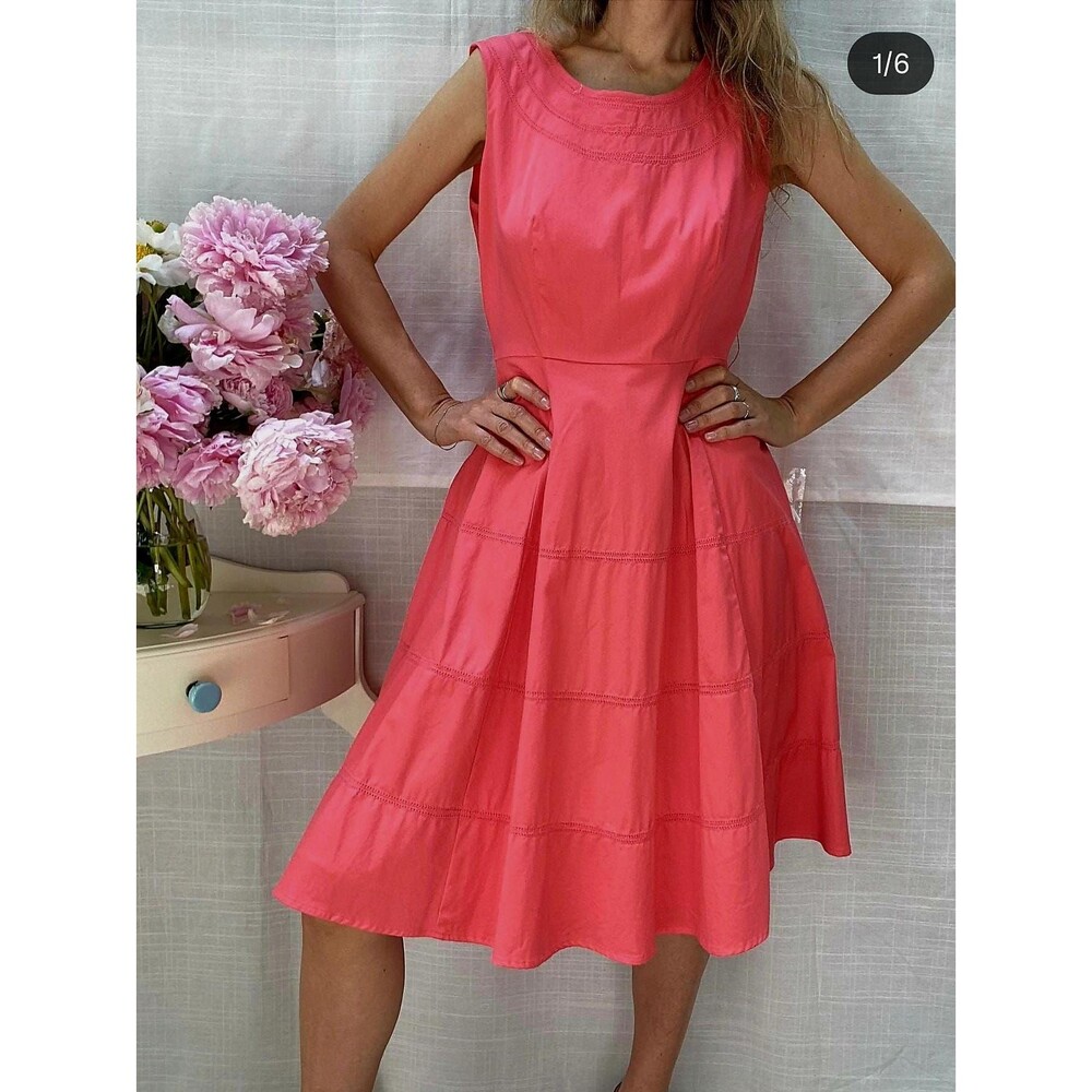 Vintage Pink Fit and Flare Dress - Cotton Midi Retro Feminine Dress XS-M Petite